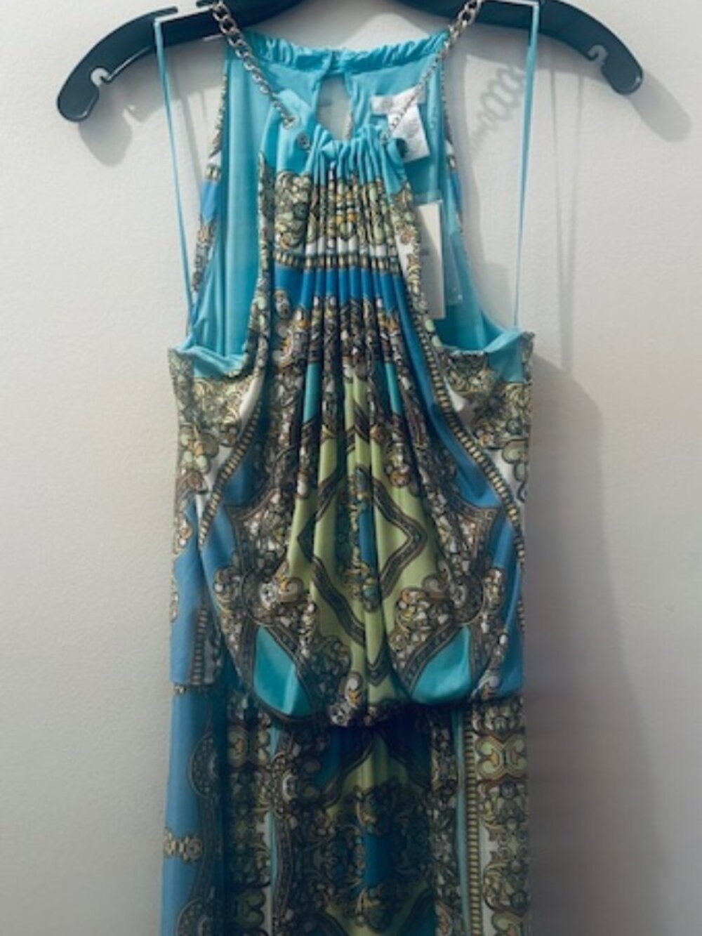 Caché Bold Blue Lush Yellow Baroque Chain Scarf Print Halter Mini Dress NWT